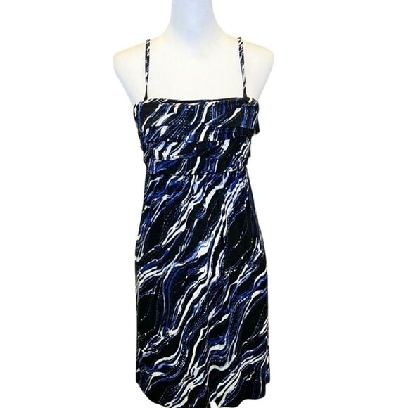 Soma Sundress Black Blue White Abstract Print Convertible Ruched Bust Stretch M - Picture 1 of 10